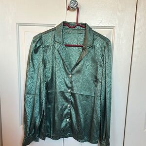 Green Satin Button-Up Blouse